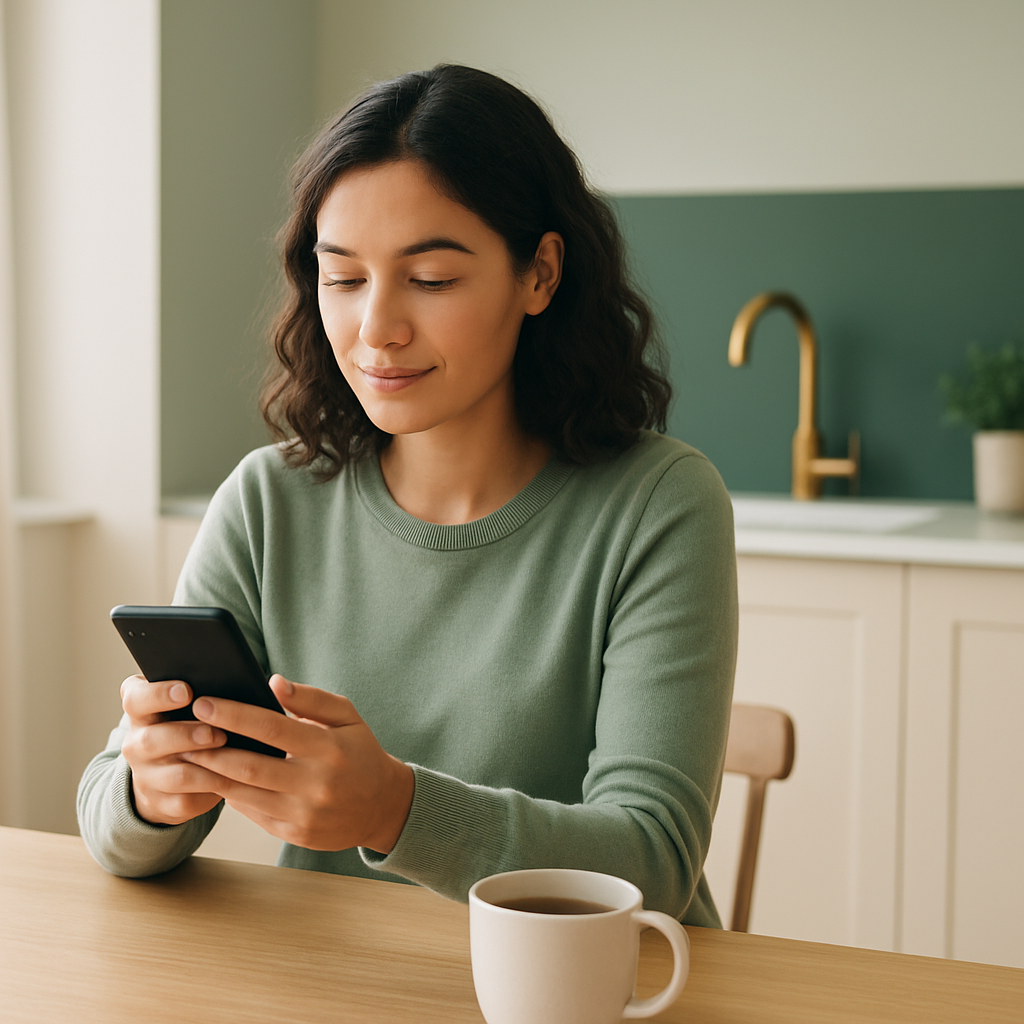 A patient comfortably reviewing their health results on a phone at home